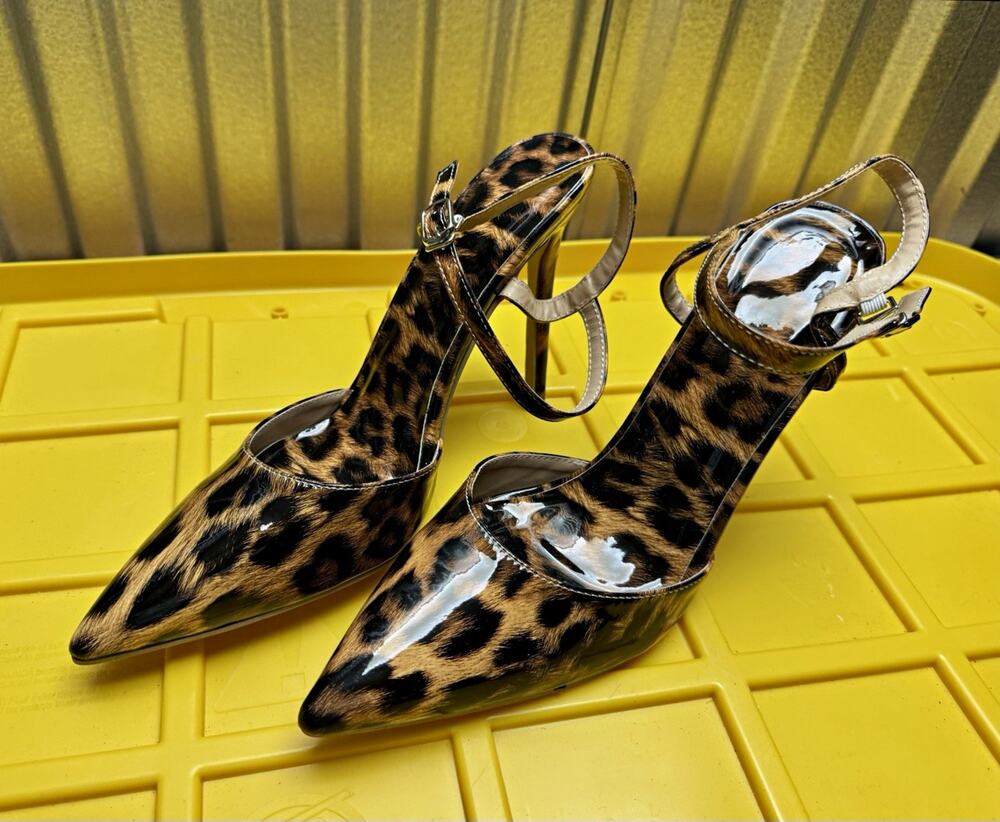 Womens Leopard Print Strappy Pointed Toe Ankle Strap Stiletto Heels 10.5